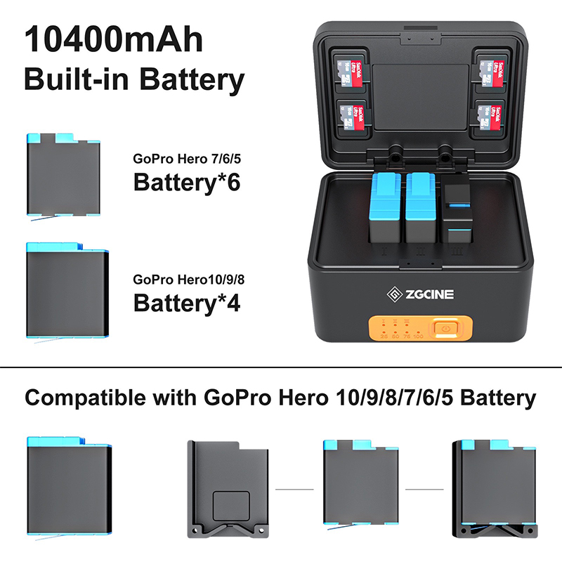 Support USB-C PD Input EACHSHOT Build in 10400mAh Battery Charger Bank Fast Charging Case for GoPro Hero 10/9/8/7/6/5 Battery with USB-C PD Output and USB-A Output for ZGCINE G10 