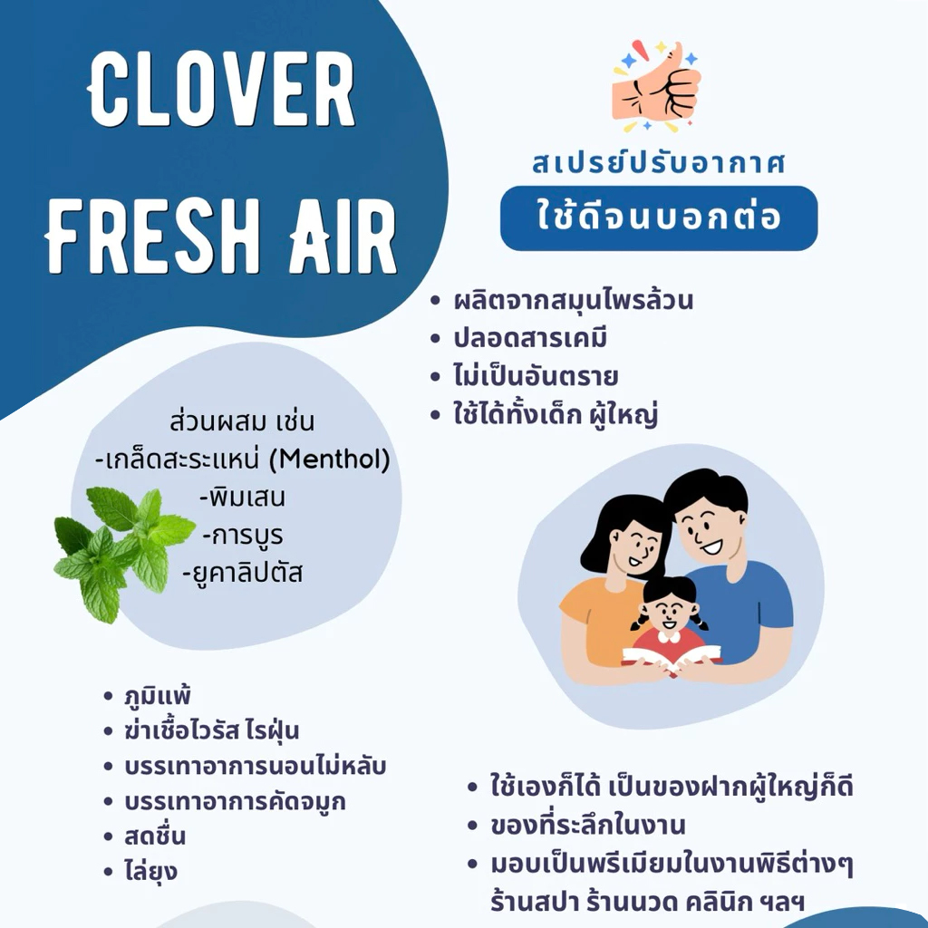Clover Fresh Air สเปรย์ปรับอากาศยูคาลิปตัส ลดภูมิแพ้ ลดไรฝุ่น สดชื่น ไม่คัดจมูก ขนาด 120 ml. - Image 2